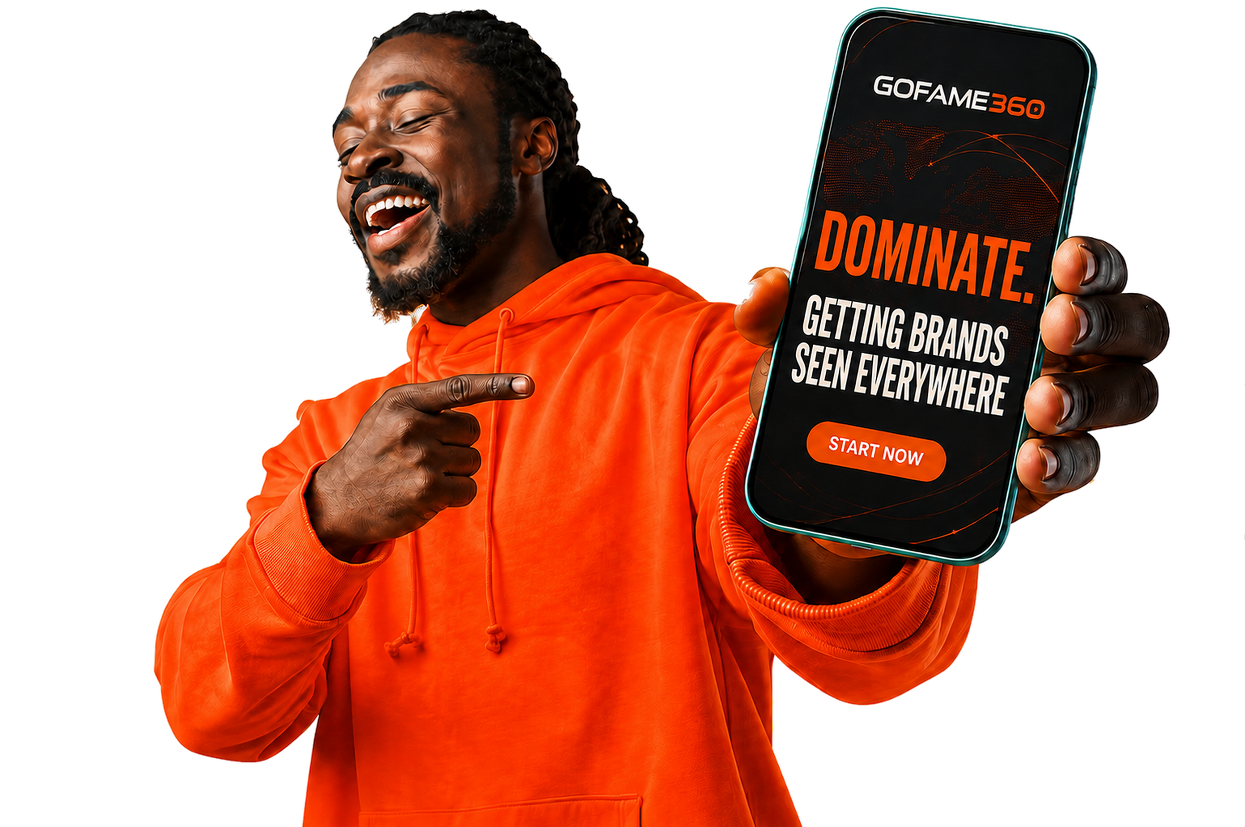 GoFame360 campaign model presenting a mobile phone